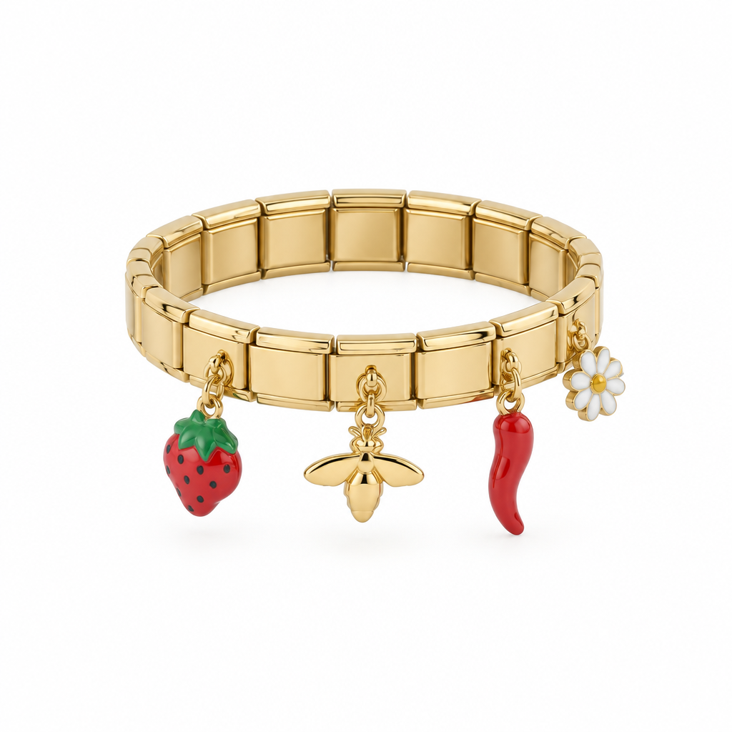 Bracelet italien breloques fruits, vue de côté