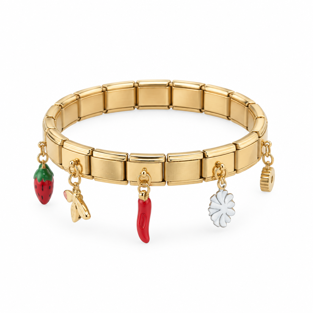 Bracelet italien breloques fruits, vue de face