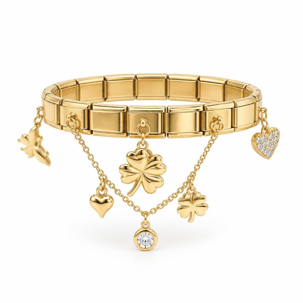 Bracelet italien trèfles et strass — modèle 1, vue de face