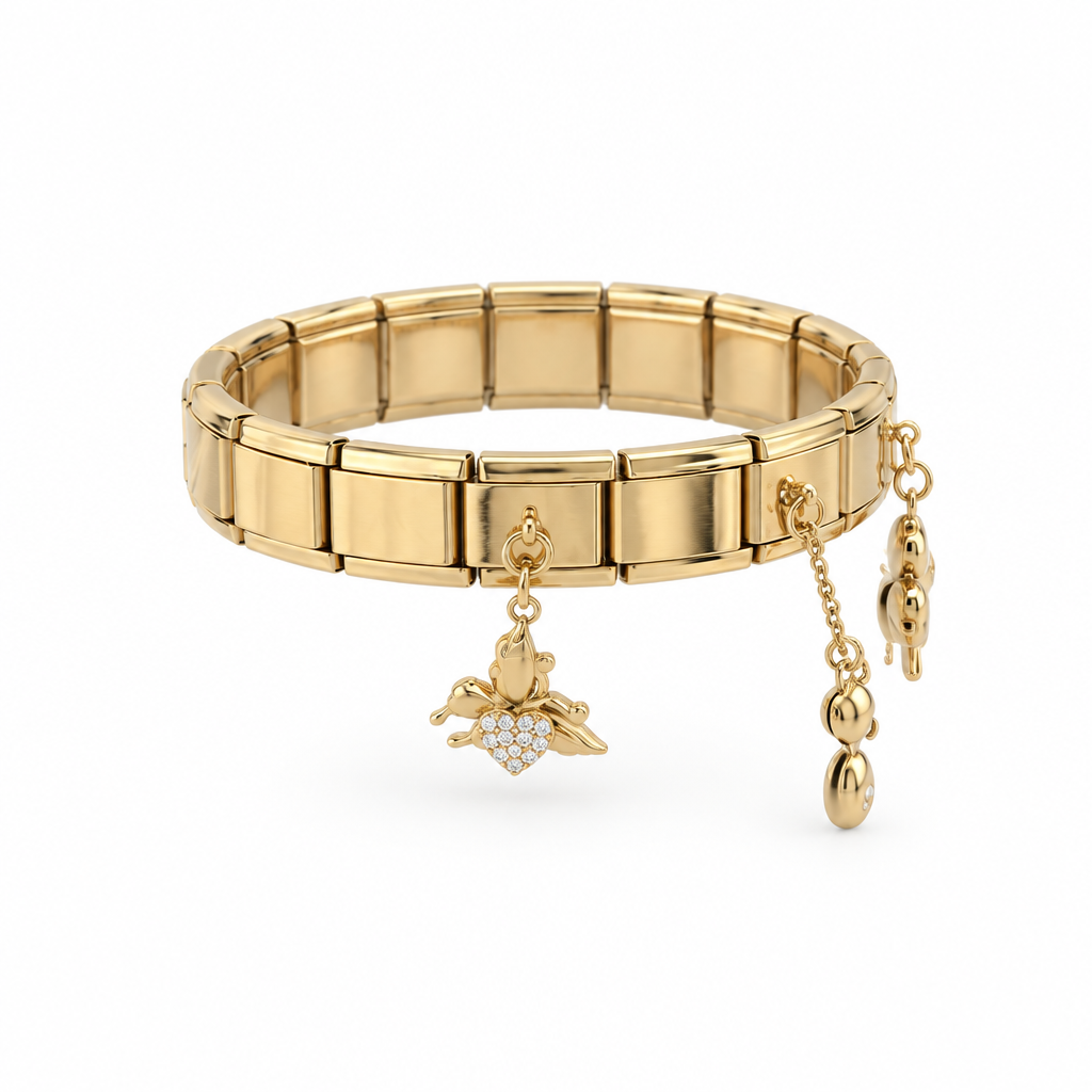 Bracelet italien trèfles et strass — modèle 1, vue de côté