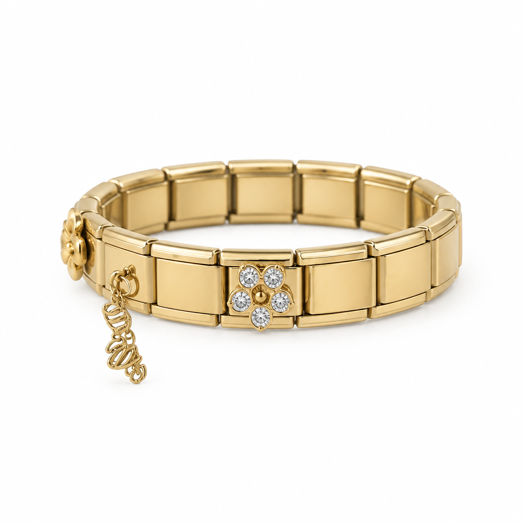 Bracelet italien fleur strass et filigrane, vue de côté
