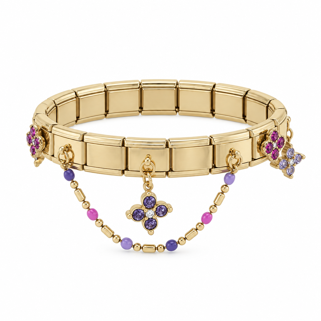 Bracelet italien fleurs violet et fuchsia, vue de face