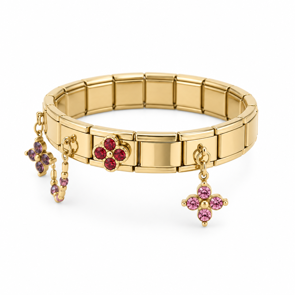 Bracelet italien fleurs rouge et rose, vue de côté