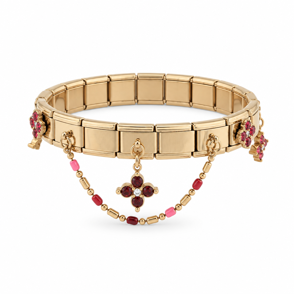 Bracelet italien fleurs rouge et rose, vue de face