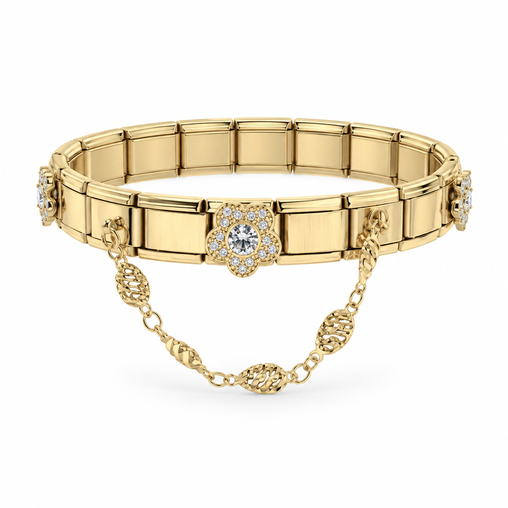 Bracelet italien fleur strass et filigrane, vue de face