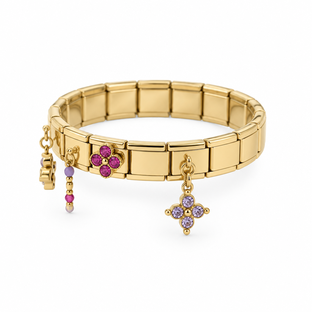 Bracelet italien fleurs violet et fuchsia, vue de côté