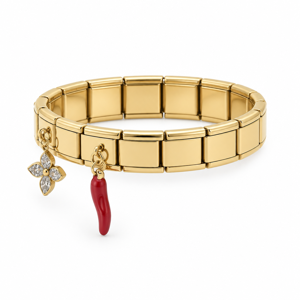 Bracelet italien fleur strass et piment, vue de côté