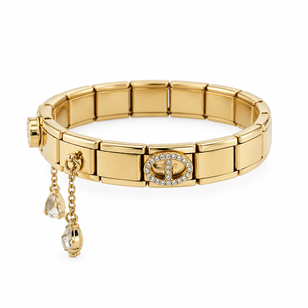 Bracelet italien maillon strass et gouttes, vue de côté