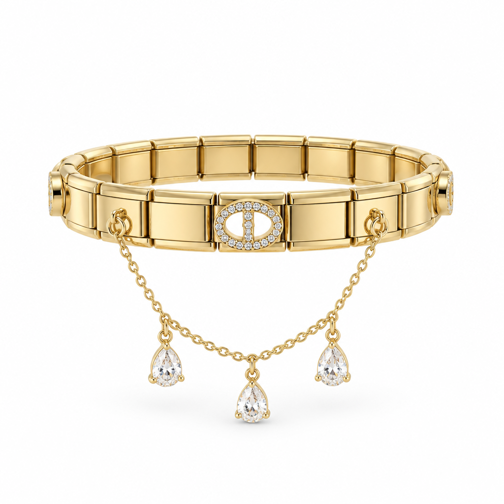 Bracelet italien maillon strass et gouttes, vue de face