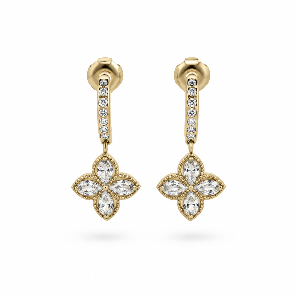 Boucles d'oreilles pendantes fleur cristal, vue de face