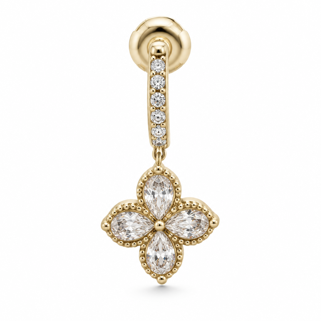 Boucles d'oreilles pendantes fleur cristal, détail